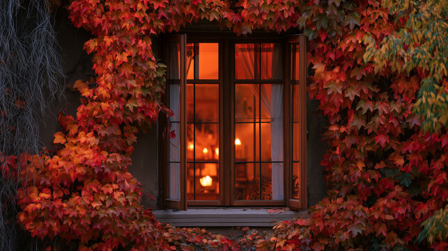 Open window framed with climbing ivy in vibrant autumn colors, warm interior candlelight glowing softly inside, cozy European cottage aesthetic