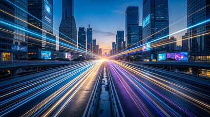 Fototapeta premium Dynamic Long Exposure Traffic Light Trails Streaming Through Modern City Skyline At Dusk