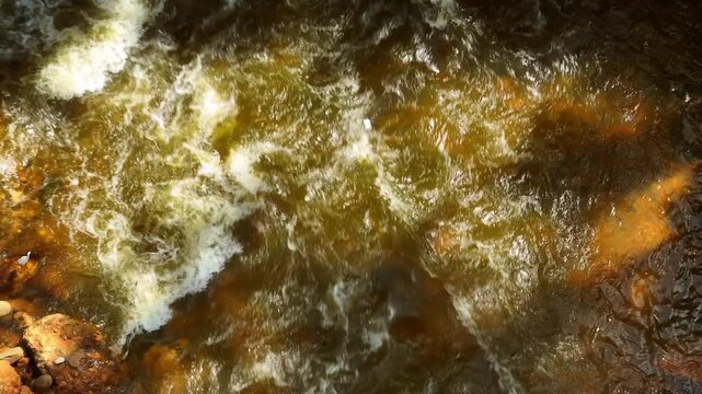 A powerful floodwater creating chaotic textures, symbolizing flash flood disasters, extreme rainfall events, soil erosion risks, and the growing impact of climate change on natural environments. 4k.
