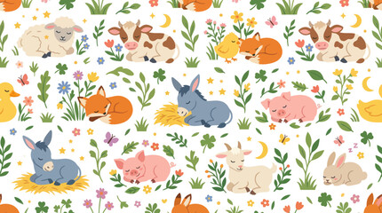 Obraz premium Cute Farm Animals Seamless Pattern - Baby Sheep, Cow, Pig, Fox, Duckling, Donkey