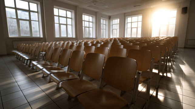 Empty university lecture hall with rows of seats illuminated by warm morning sunlight before students arrive for class