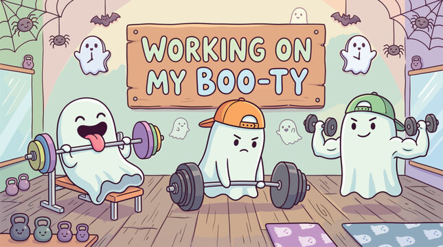 A funny cartoon illustration featuring cute ghosts working out in a gym with a sign that says working on my booty for a halloween theme