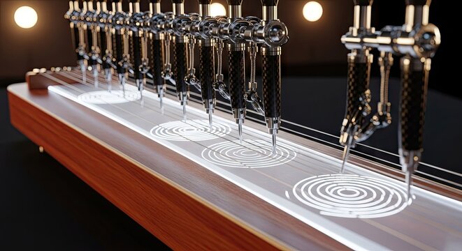 Row of robotic mechanical pens drawing glowing circular patterns.