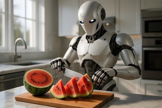 Highly advanced humanoid sleek matte-white kitchen robot, Ripe watermelon, Perfect triangular wedges, Premium natural oak, Cutting board

