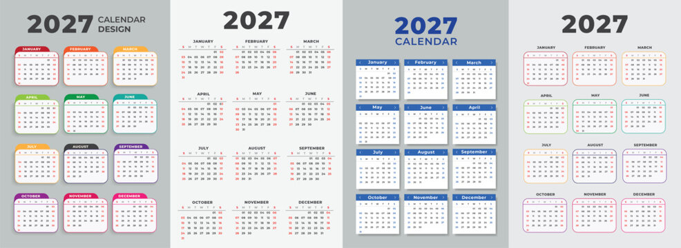 2027 calendar. 2027 Planner calender template with 12 month. Symple Layout Illustration. Week starts on Monday. Calendar Set for 2026 2027 2028 year 