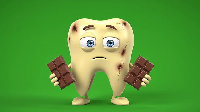 A sad cartoon tooth character with cavities holds two chocolate bars against a green background, illustrating dental decay from sweets.