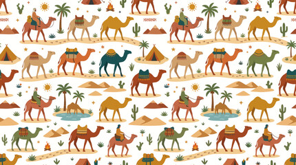 Fototapeta premium Cartoon Flat Vector Seamless Pattern: Desert Adventure with Camels, Travelers, Oasis Dunes