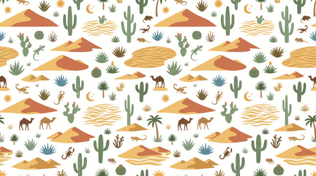 Flat Cartoon Desert Landscape Seamless Pattern. Wildlife, Cacti, Dunes, Sun, Moon  Palm Trees.