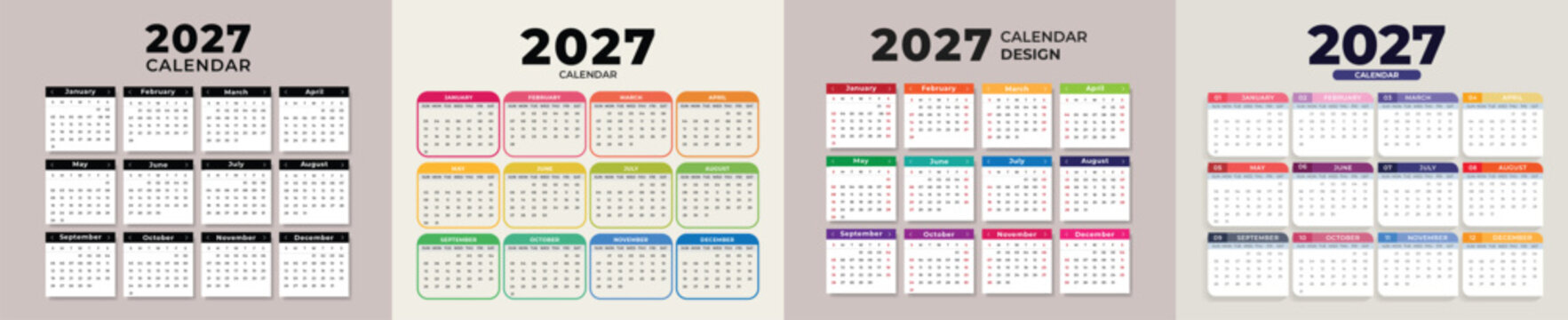 Set of calendars for 2026, 2027 and 2028 on a white background 