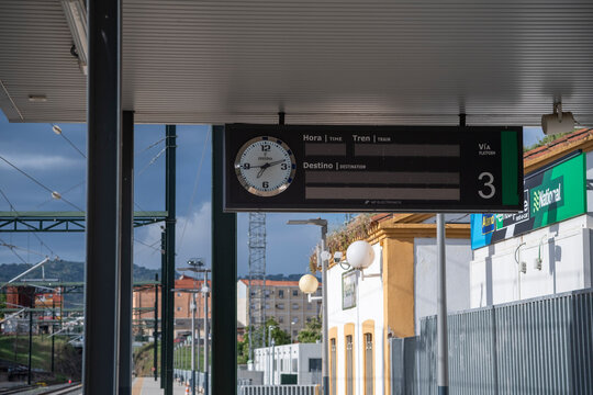Plasencia, Caceres, Spain - May 10, 2026: Railway infrastructure with catenary system and tracks leading in urban station