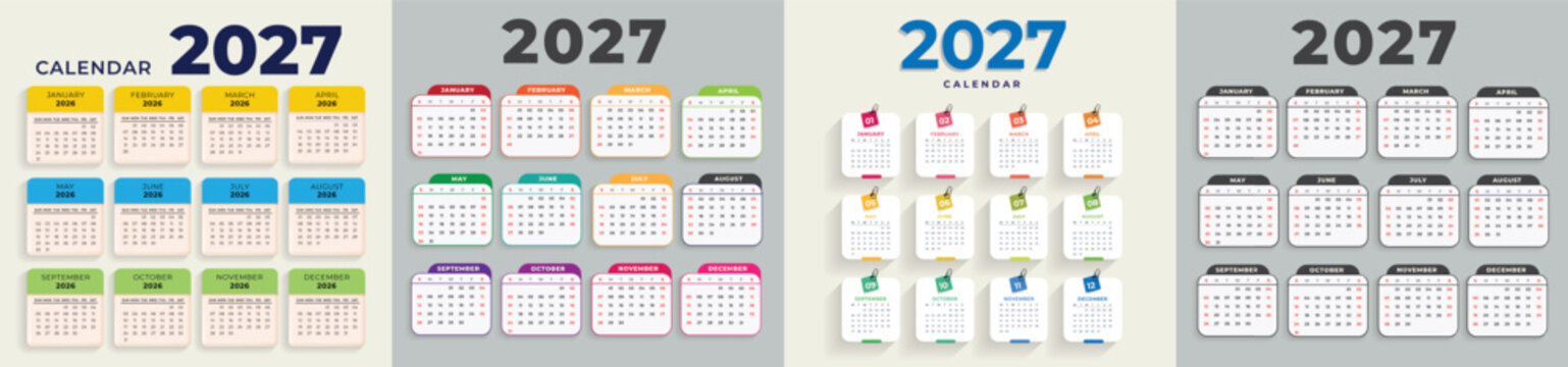 Set of calendars for 2027 isolated on a white background. Colorful Yearly 2027 Calendar Template, Set of calendars for 2027,
