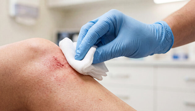 Healthcare professional gently cleans multiple superficial abrasions on the lower leg using sterile gauze during wound treatment in a modern medical clinic.