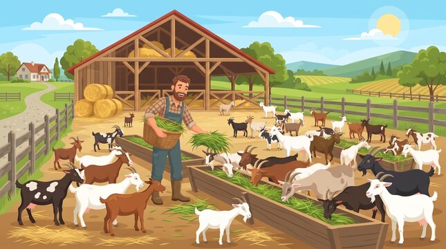 Busy farmhouse scene with farmer tending goats and sheep in a sunny rural farmyard.