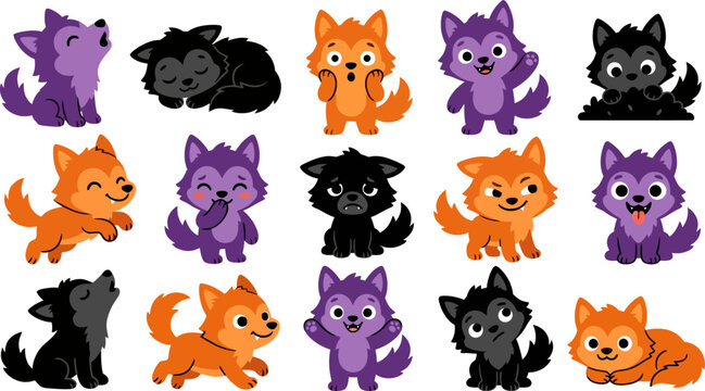 A collection of cute cartoon wolves featuring vibrant orange purple and black colors for halloween decorations