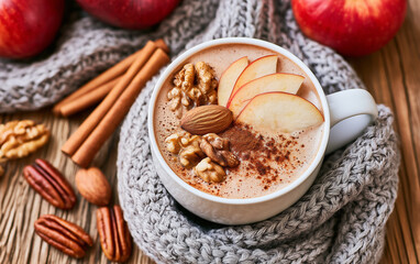 Fototapeta premium Top view of hot chocolate drink in white mug topped with fresh apple slices walnuts, cinnamon powder. Cozy winter beverage sits on wooden table next to red fruit, knitted scarf.