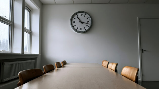 Minimal meeting room with wall clock above conference table illuminated by natural window light