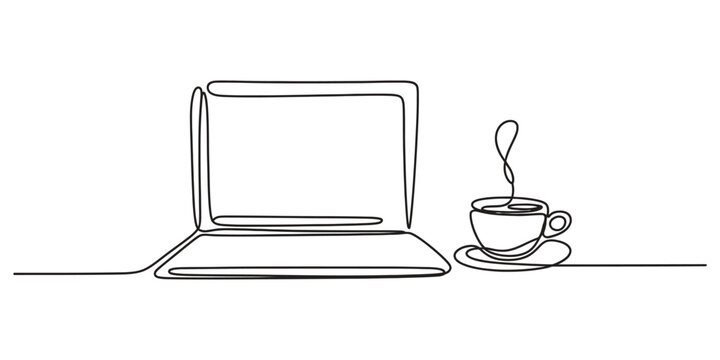 Continuous single line drawing of a laptop computer and a cup of hot coffee