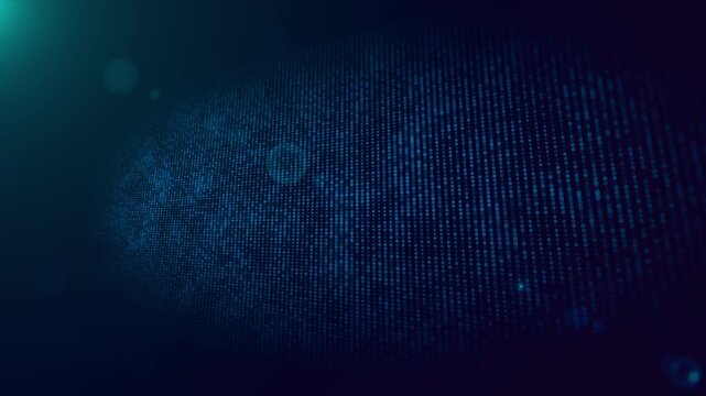 A slow motion futuristic abstract background displaying a wavy grid of glowing blue dots, light flares, bokeh, and deep perspective view.
