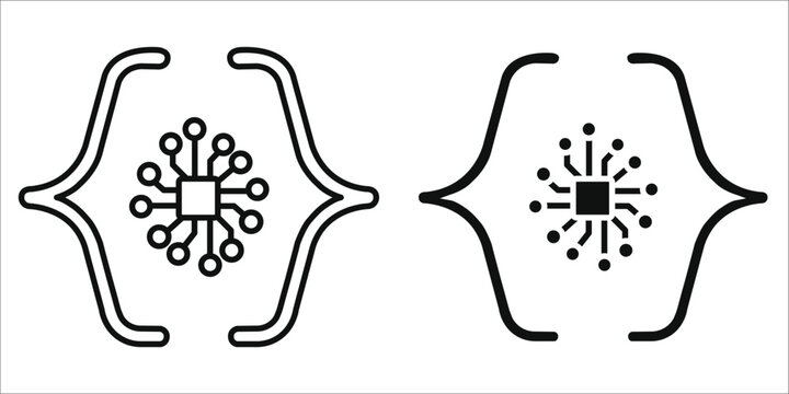 AI Coding Assistant Icon Set Vector Illustration, Artificial Intelligence Programming, Smart Code Developer, Brackets and Microchip Circuit Board Line and Solid Icon with Editable Stroke