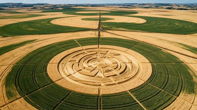 Aerial perspective of circular irrigation patterns in agricultural fields