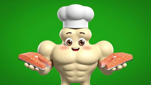 Muscular cartoon bone character chef holding two raw salmon fillets on a vibrant green screen background, ready for cooking.