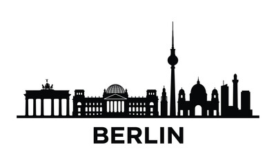 Berlin skyline silhouette, Germany city landmark vector, Brandenburger Tor, Reichstag building, Fernsehturm TV tower, urban architecture, black icon isolated, white background © Sakill_Pro
