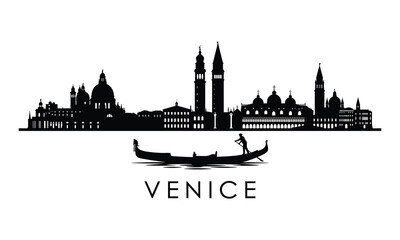 Fototapeta premium Venice skyline silhouette, gondola boat vector, Italian landmark panorama, Saint Mark square, cathedral architecture, cityscape design, travel illustration background, graphic.