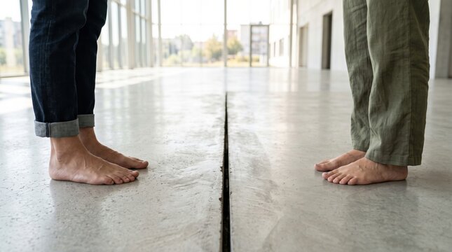 Two people stand barefoot facing each other on a concrete floor separated by a narrow gap indoors.