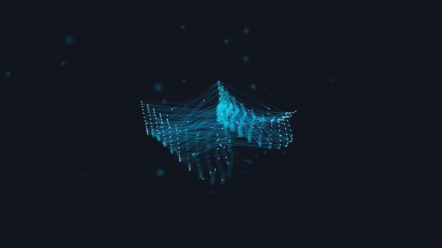 Abstract data visualization showing geometric grid structure composed of glowing blue light particles.