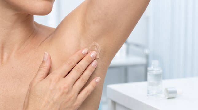 A person applies deodorant gel to their armpit, demonstrating personal hygiene in a bright, clean bathroom setting.
