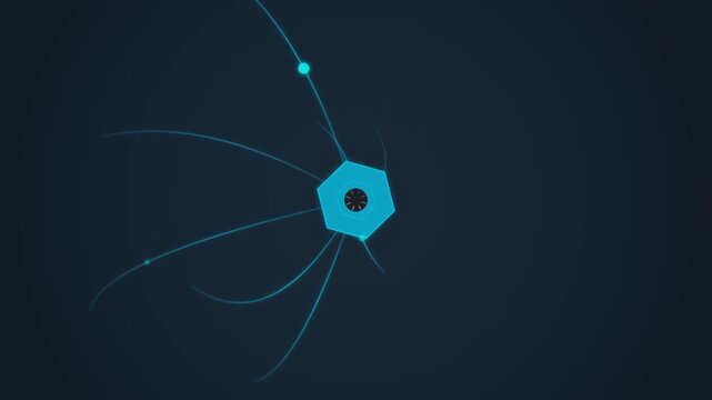 Abstract digital motion graphic featuring blue hexagon shape with rotating light trails on dark space.