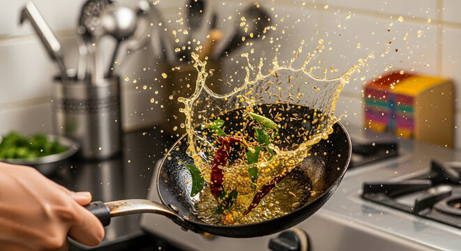 Hand tosses ingredients in a black frying pan causing a dramatic splash of hot oil and spices.