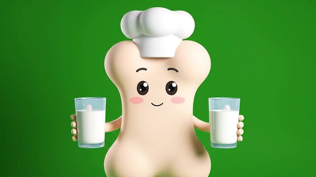 Cute cartoon bone character wearing a chef's hat holding two glasses of milk on a vibrant green background, promoting bone health.