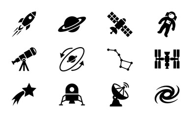 Space Icons Collection: Rocket, Astronaut, Planet, Satellite, Telescope, Galaxy, Constellation, Space Station, Comet, Lunar Lander, Antenna, Black and White Vector Graphics for Science and © Rafiul