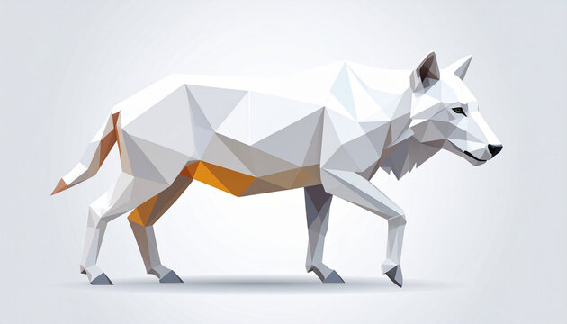 A white polygonal wolf with geometric facets walking in profile against a light background.