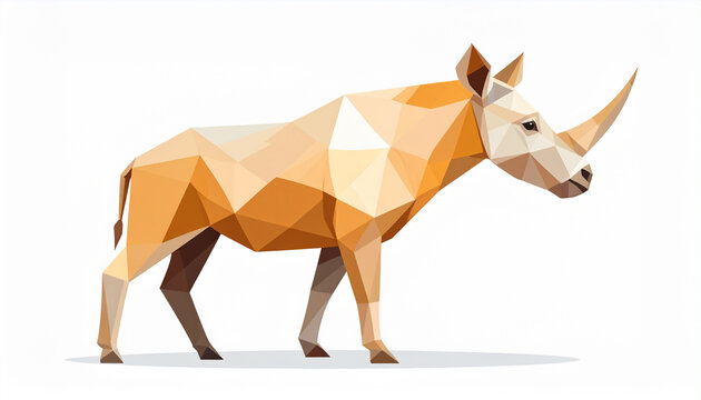 Low-poly geometric rhinoceros illustration with abstract polygonal shapes and warm earthy colors on a white background, showcasing modern digital art.