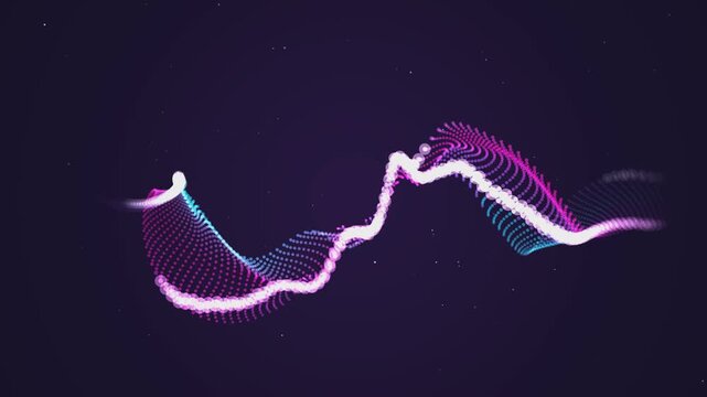 Abstract flowing energy wave composed of bright glowing digital particles on dark purple background.