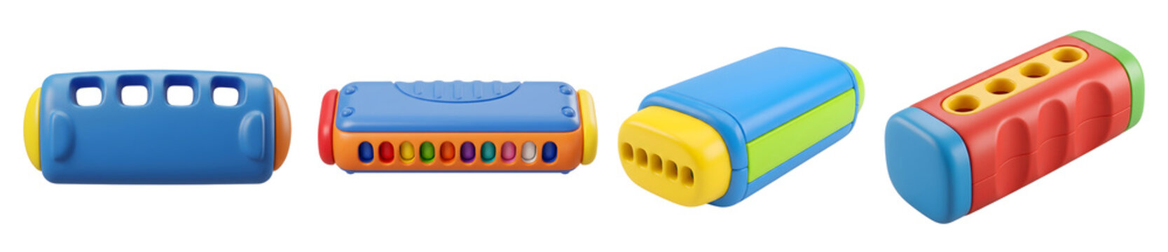 Colorful plastic harmonica toys arranged in various perspectives featuring vibrant shades of red yellow blue and green on transparent background
