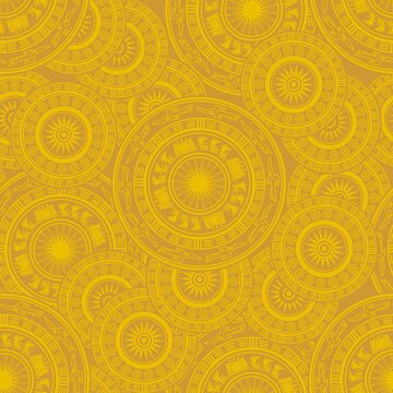 Golden Vietnamese Bronze Drum Seamless Pattern with Dong Son Culture Motifs