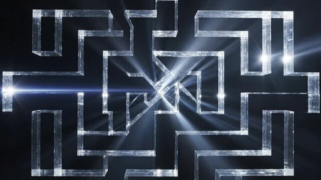 Abstract glass labyrinth with glowing light rays: conceptual business strategy, problem solving, and success path motion background