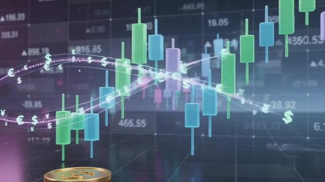 3D animation of financial growth with gold dollar coins, piggy bank, and rising stock market candlestick charts, Financial growth and investment concept with gold coins falling into a piggy bank again