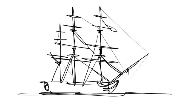 Vintage sailing ship line art white background.