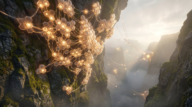 Large, hexagonal organic structure representing a data hive in a chasm.