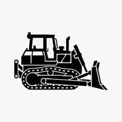 Creative Black and White Line Drawing of a Classic Bulldozer with Tracked Wheels and Arm in Action © Lombok
