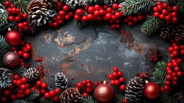 Christmas frame made of fir tree branches, red berries, pine cones and ornaments on a dark distressed surface with copy space, festive holiday background concept