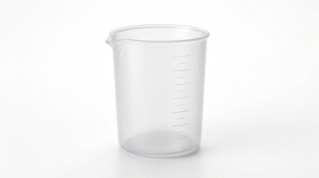 Transparent plastic measuring cup with graduated markings for liquids in laboratory or kitchen.