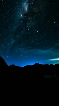 Mountain ridge cuts dark against glowing twilight sky, vivid orange and deep blue gradient unfolds high above smooth blanket of drifting clouds