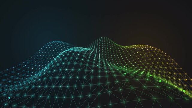 Abstract plexus wave digital connection background with blue green and yellow glowing neon network.