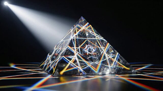 Glass pyramid prism refracting light beam into geometric rainbow patterns and spectral colors on black background