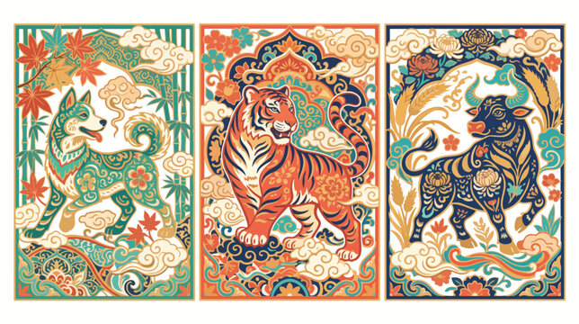Chinese zodiac animals in three panels. Traditional lunar calendar art vector illustration.